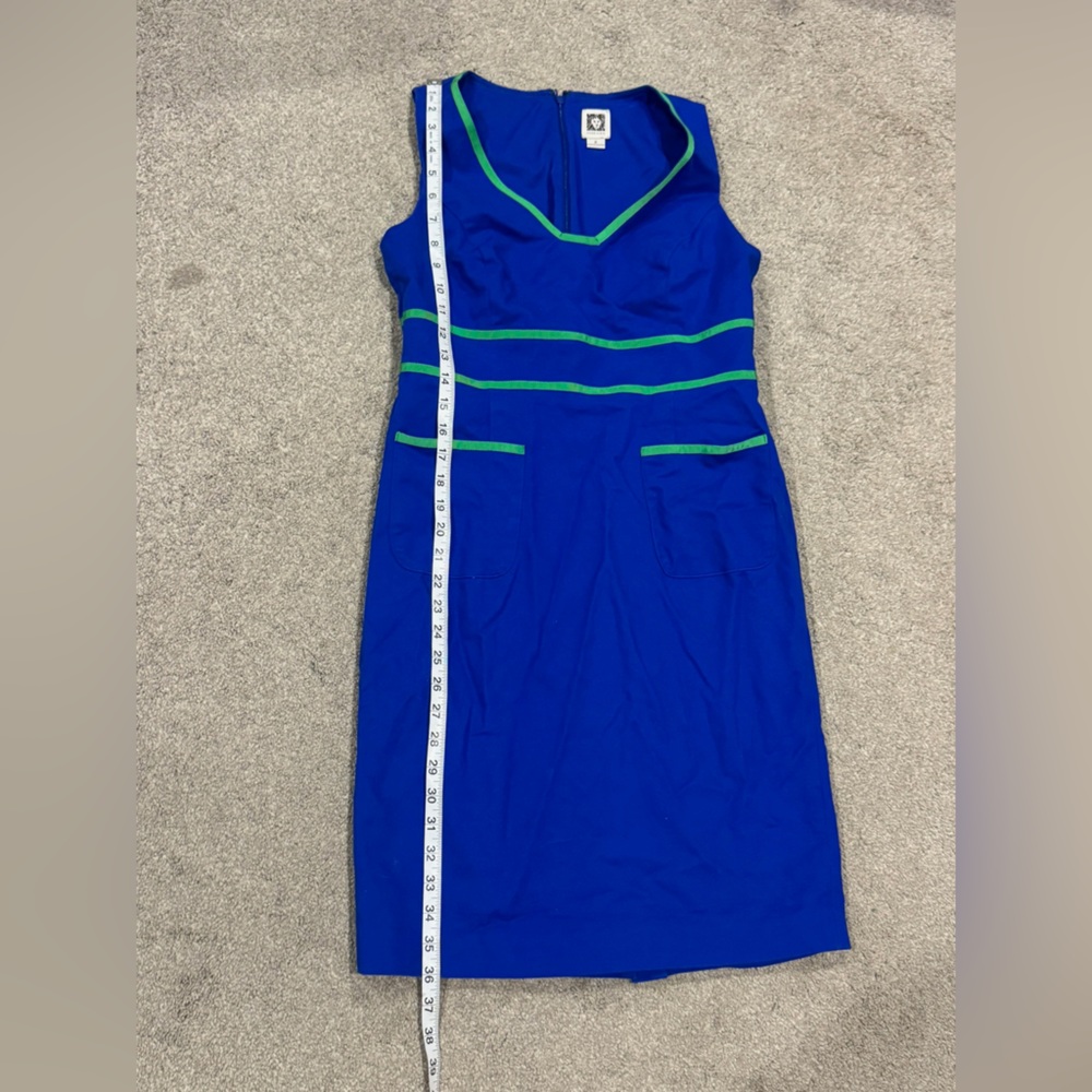 Anne Klein Sheath Knee Length Sleeveless Blue Green Piping Pockets Cotton Size 6 - Picture 3 of 9